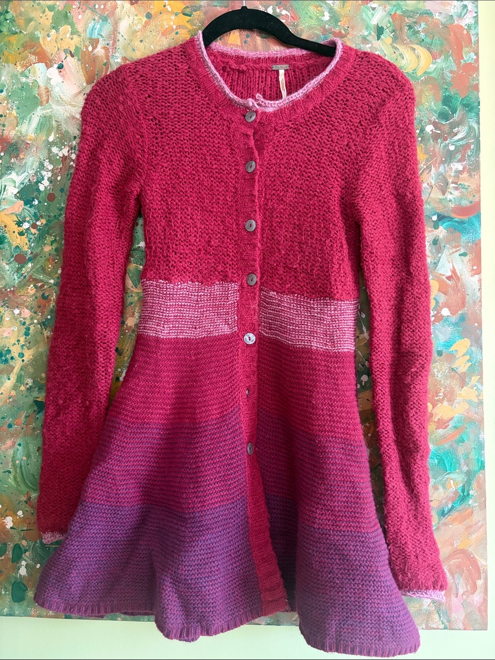 Free People Pink to Purple Ombre Flared Button Cardigan